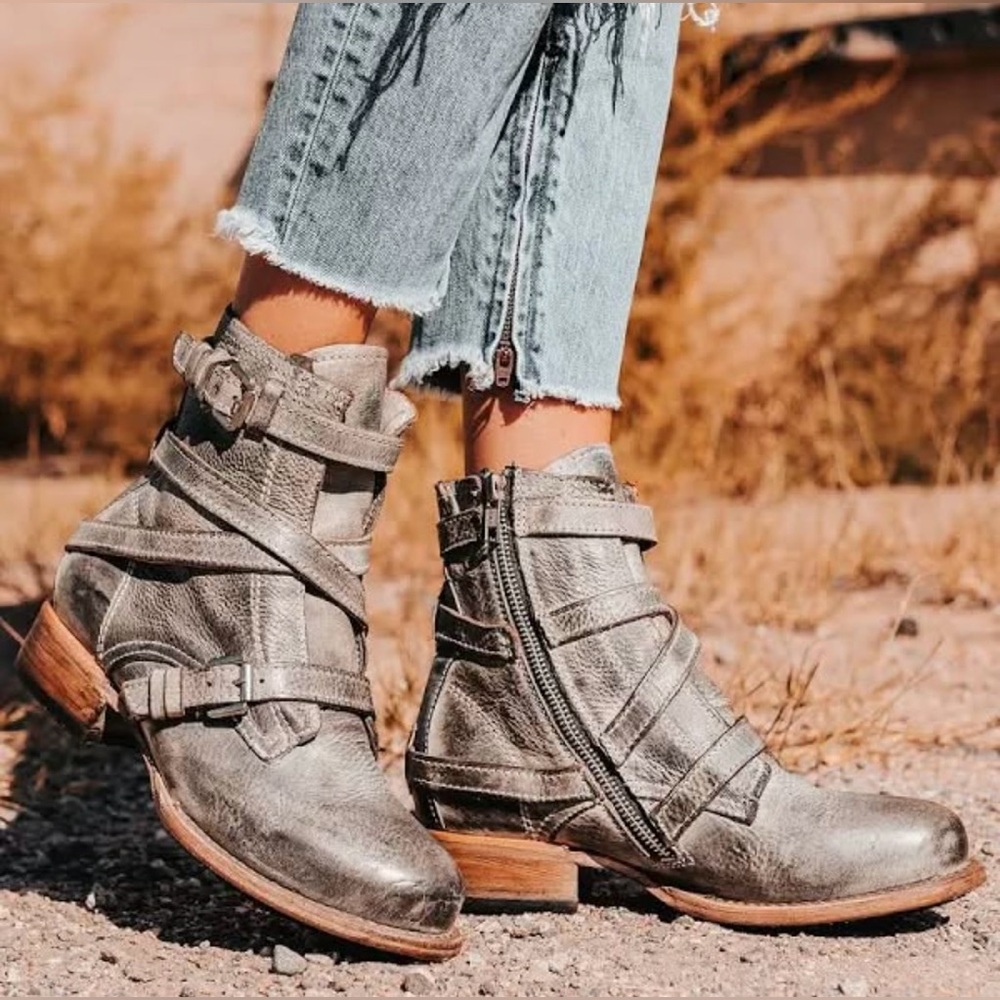 Freebird by Steven Raine Ice Gray Strappy Biker Moto Ankle Boots Size 8